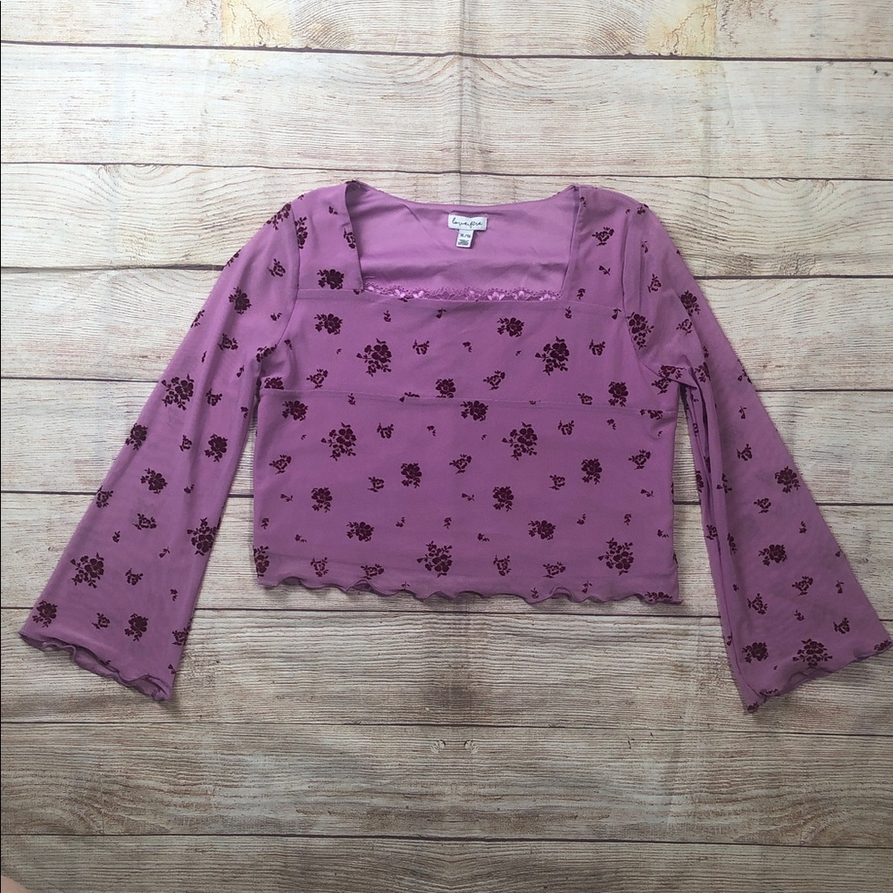 Fairygoth Velvet Burnout Floral Square-Neck Crop Top Lettuce‎ Hem Flare Sleeves